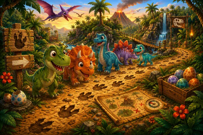 Kinderen als opgravers tussen dino's bij een rokende vulkaan