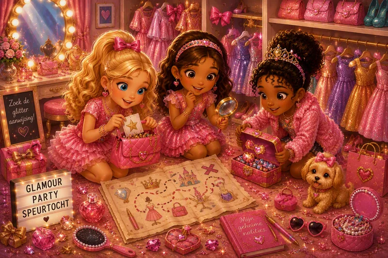 Drie kinderen in roze feestjurken met een schatkaart en een hondje in een glamourkamer vol jurken en juwelen