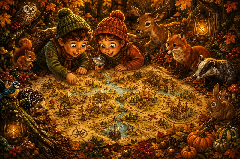 Twee kinderen met een vergrootglas over een schatkaart in het herfstbos, met een vos, een das en een ree