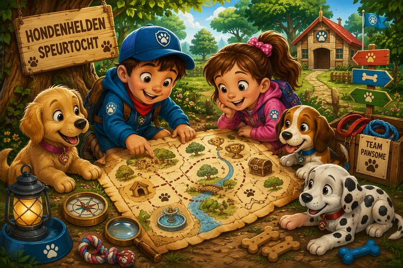 Twee kinderen met blauwe petten en een golden retriever, een beagle en een dalmatiër rond een schatkaart in het hondenpark
