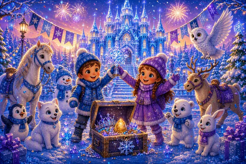 Vier kinderen in winterjassen bij een kist met ijskristallen voor een verlicht ijskasteel, met een sneeuwpop en een witte vos