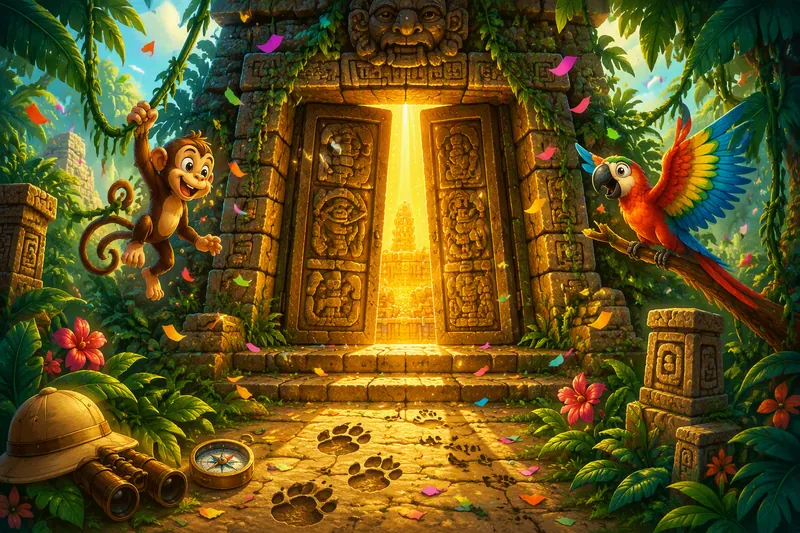 Kinderen op ontdekkingstocht in de jungle bij een oude tempel