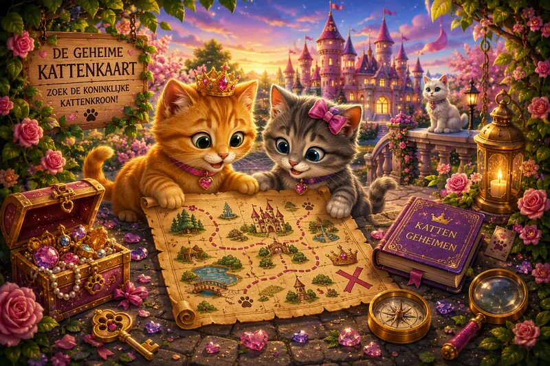 Twee poesjes met een kroontje en een strik bij een grote schatkaart, voor een roze kattenkasteel bij zonsondergang