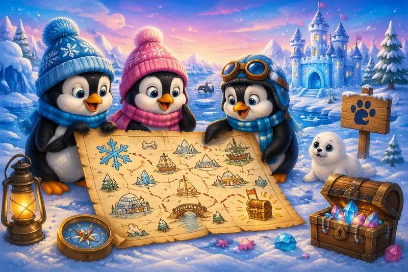 Drie pinguïns met gebreide mutsen bij een grote schatkaart in de sneeuw, met een lantaarn, een kompas en een ijskasteel op de achtergrond