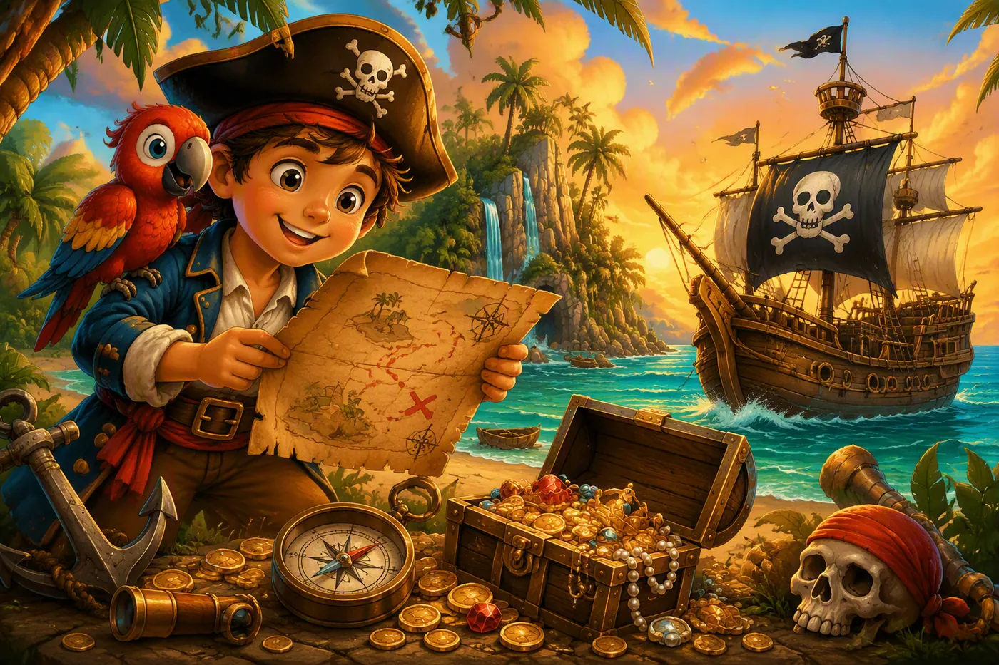 Een jonge piraat met een schatkaart bij een piratenschip