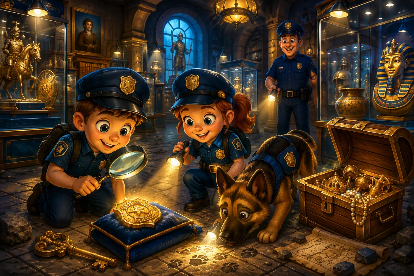 Twee kinderen in politie-uniform met een vergrootglas en een speurhond