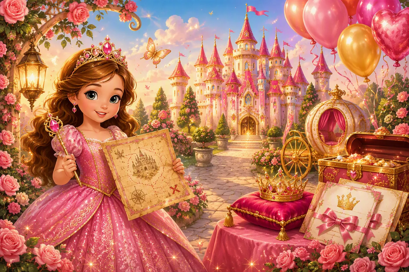 Een prinses met een schatkaart voor een roze kasteel