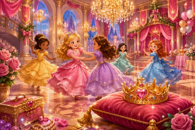 Een prinses met een schatkaart voor een roze kasteel