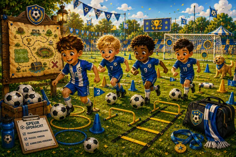 Vier kinderen in blauw voetbaltenue met ballen en pylonen op het veld, met een schatkaart en een clubhondje