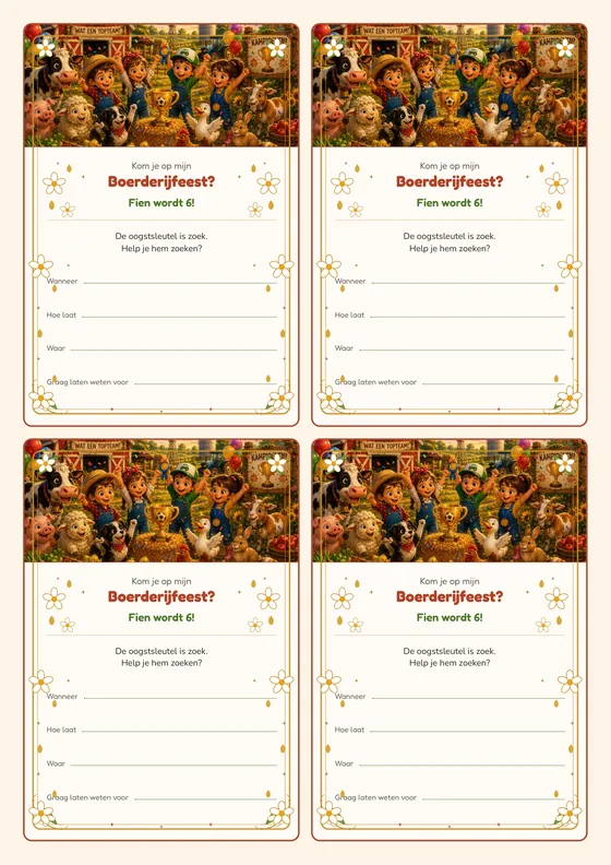 Een vel met vier uitnodigingen voor de Boerderijavontuur