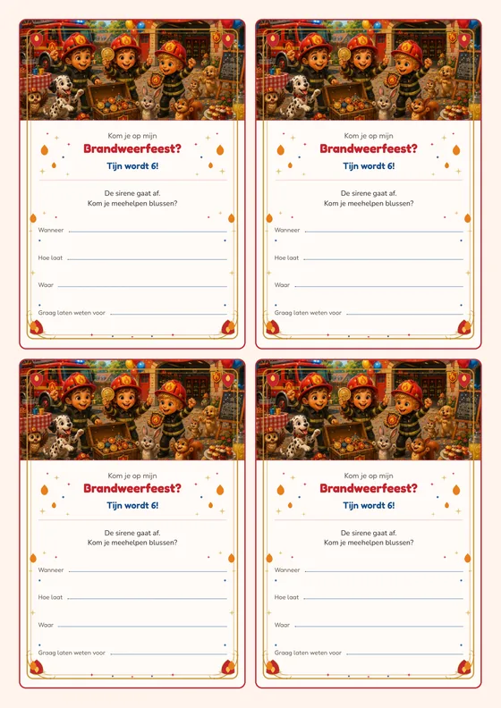 Een vel met vier uitnodigingen voor de Brandweerproef