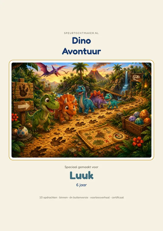 Het voorblad van de Dino-ei Expeditie, met de naam van het kind erop