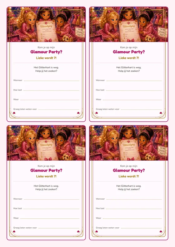 Een vel met vier uitnodigingen voor de Glamour Party