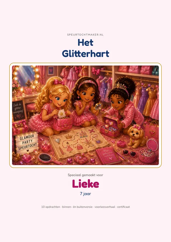 Het voorblad van de Glamour Party, met de naam van het kind erop