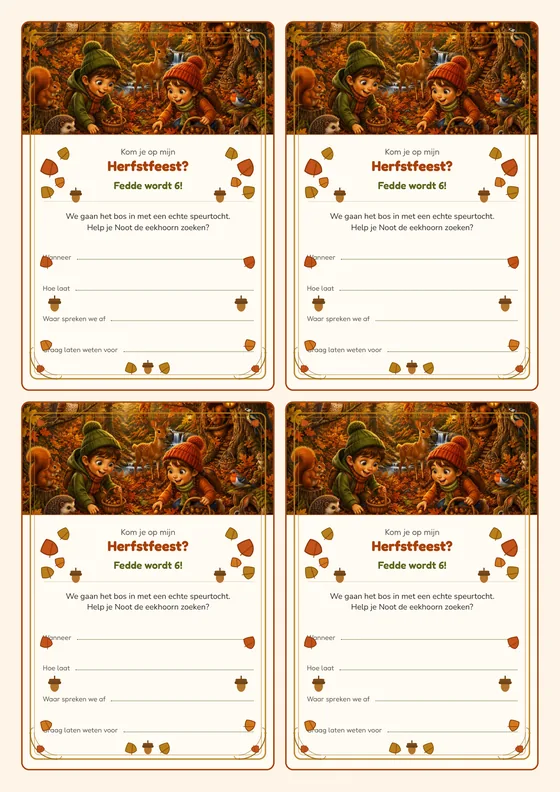 Een vel met vier uitnodigingen voor de Herfstavontuur