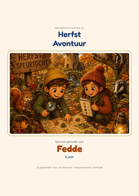 Het voorblad van de Herfstavontuur, met de naam van het kind erop