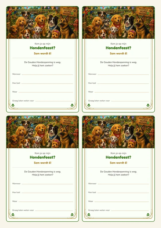 Een vel met vier uitnodigingen voor de Hondenhelden