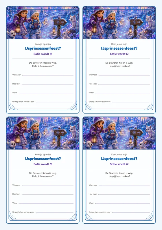 Een vel met vier uitnodigingen voor de IJsprinsessen