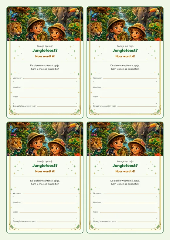 Een vel met vier uitnodigingen voor de Jungletempel