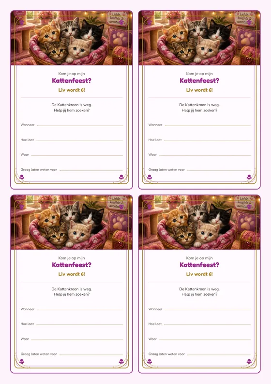 Een vel met vier uitnodigingen voor de Kattenschat