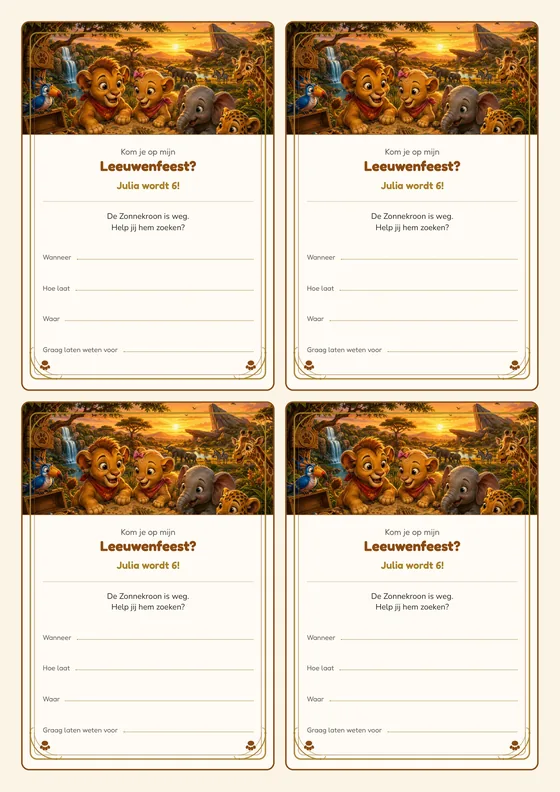 Een vel met vier uitnodigingen voor de Leeuwenwelpen