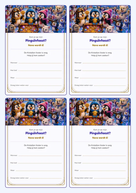 Een vel met vier uitnodigingen voor de Pinguïnexpeditie