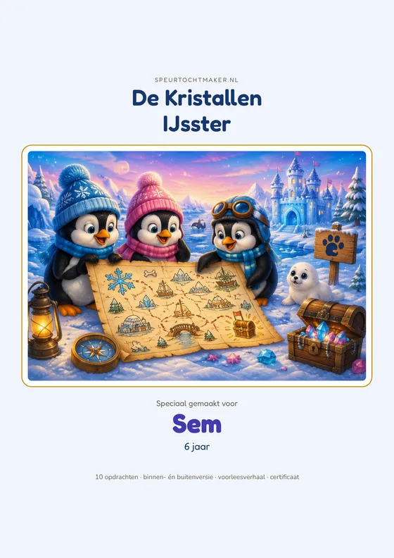 Het voorblad van de Pinguïnexpeditie, met de naam van het kind erop