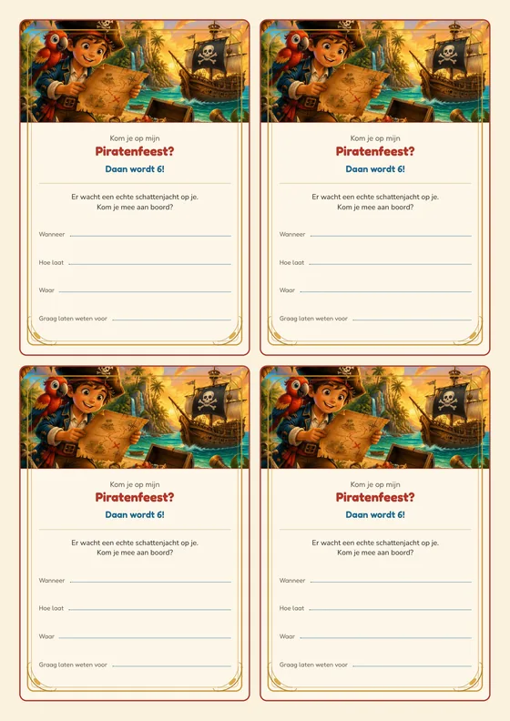 Een vel met vier uitnodigingen voor de Piratenschat