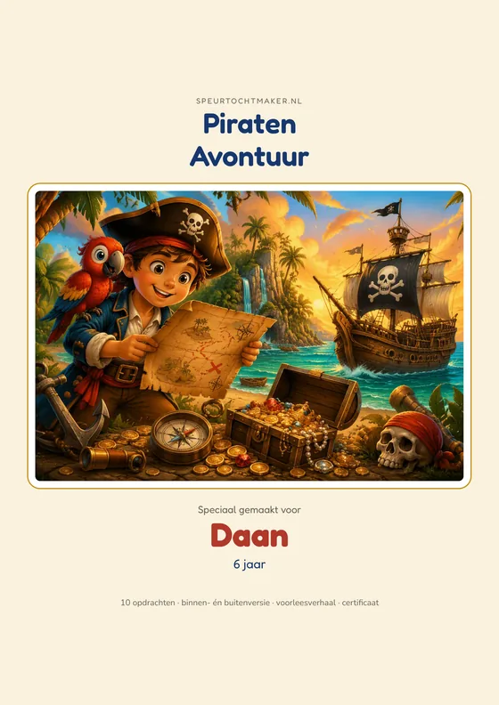 Het voorblad van de Piratenschat, met de naam van het kind erop