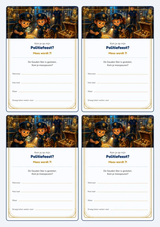 Een vel met vier uitnodigingen voor de Politieteam