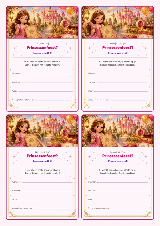 Een vel met vier uitnodigingen voor de Prinsessenavontuur