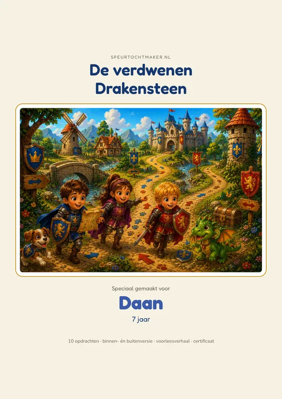 Het voorblad van de Ridderavontuur, met de naam van het kind erop