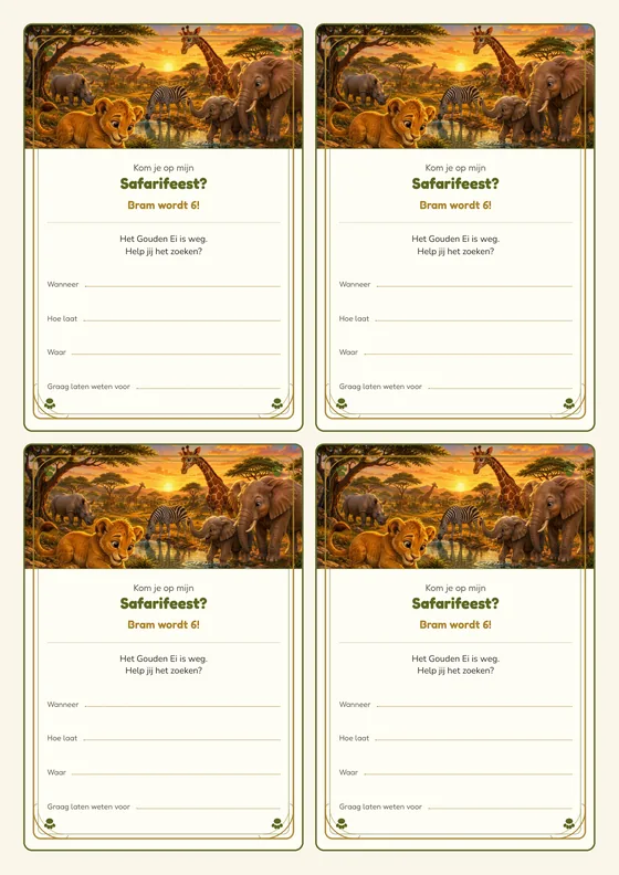 Een vel met vier uitnodigingen voor de Safari-expeditie