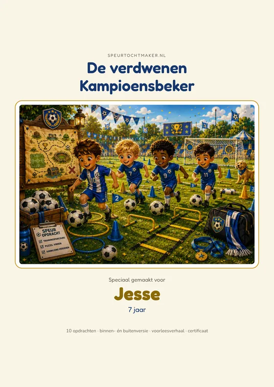 Het voorblad van de Voetbalmissie, met de naam van het kind erop