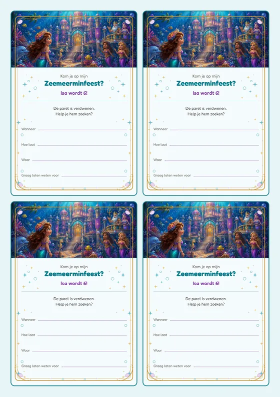 Een vel met vier uitnodigingen voor de Zeemeerminnenbaai